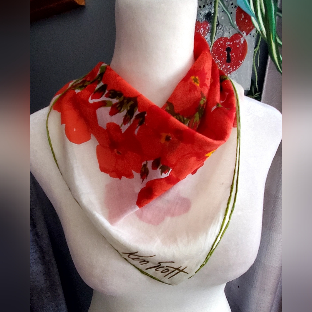 Ken Scott Red Floral Square Scarf On White